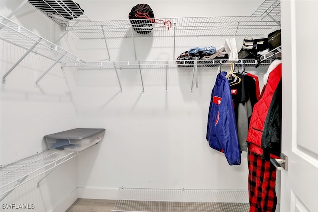 walk in closet with light hardwood / wood-style floors