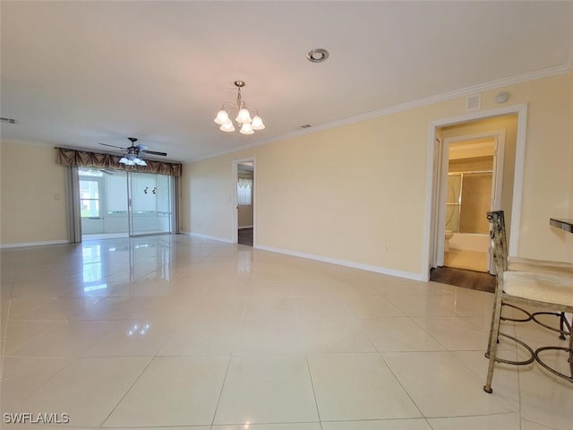 tiled empty room with ceiling fan with notable chandelier and ornamental molding