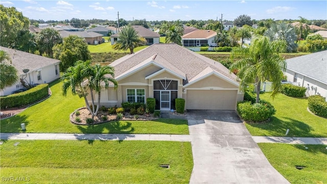 single story home with driveway, a residential view, a front yard, an attached garage, and stucco siding