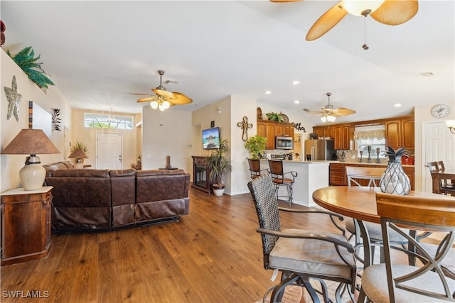 dining area featuring a wealth of natural light, recessed lighting, wood finished floors, and ceiling fan
