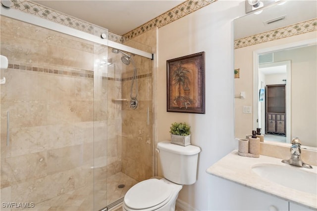 bathroom with visible vents, a shower stall, toilet, and vanity