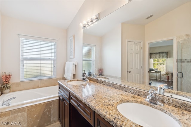 bathroom with lofted ceiling, vanity, and a wealth of natural light