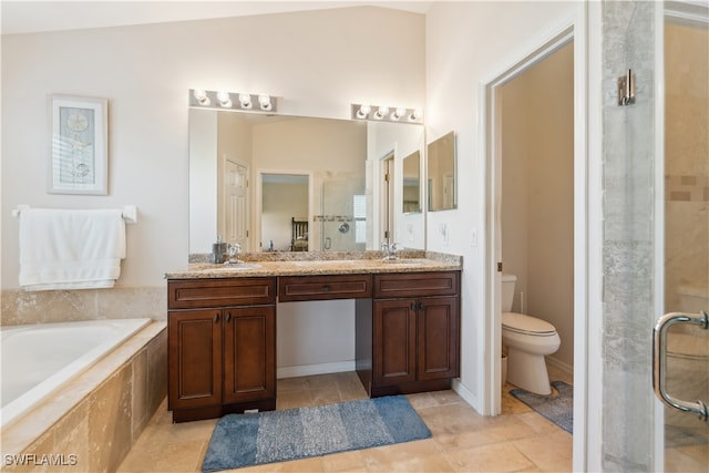 full bathroom with plus walk in shower, vanity, and toilet