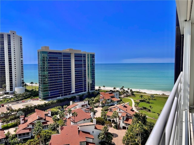 view of water feature with a beach view