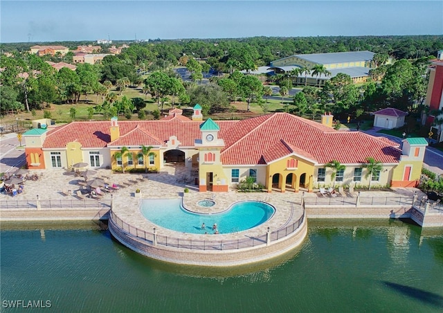 aerial view featuring a water view