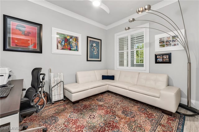 living room with wood-type flooring and crown molding