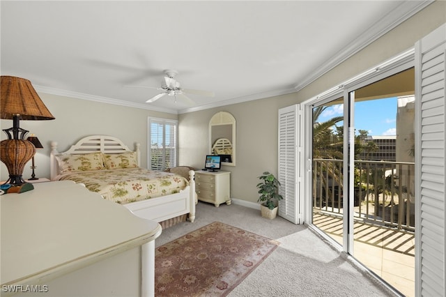 carpeted bedroom with ornamental molding, ceiling fan, and access to outside