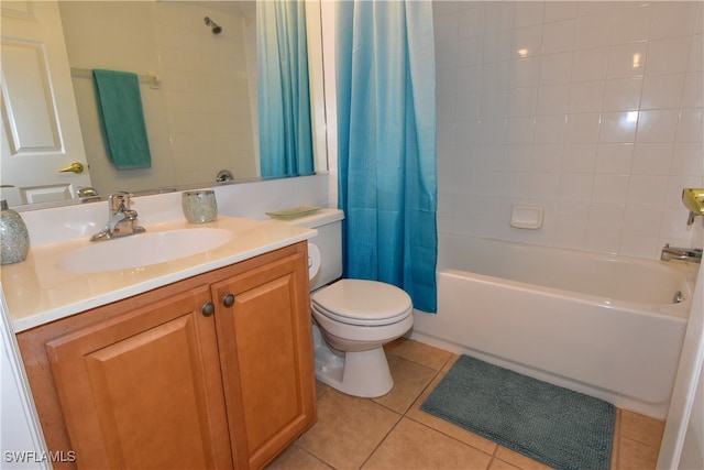 full bathroom with tile patterned flooring, vanity, toilet, and shower / bathtub combination with curtain