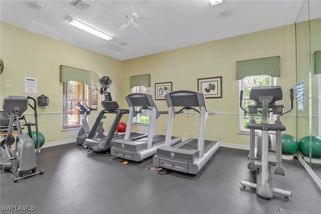 gym with a healthy amount of sunlight, baseboards, visible vents, and ceiling fan