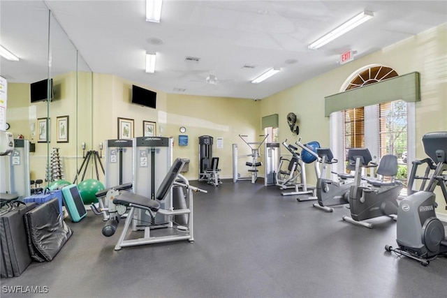 exercise room with ceiling fan and visible vents