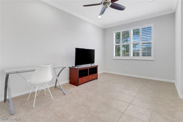 home office featuring baseboards, a ceiling fan, light tile patterned flooring, crown molding, and recessed lighting