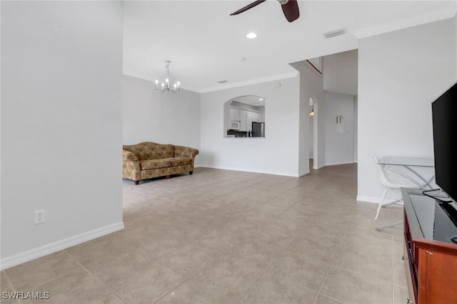 sitting room with recessed lighting, visible vents, ornamental molding, baseboards, and ceiling fan with notable chandelier