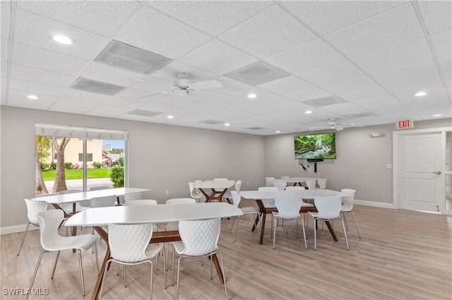 dining space featuring ceiling fan, a drop ceiling, and light hardwood / wood-style floors