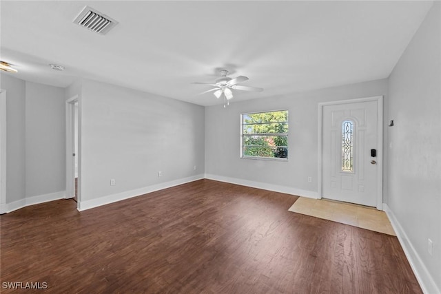 entryway featuring ceiling fan and dark hardwood / wood-style flooring