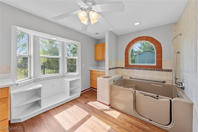 interior space with vanity, shower with separate bathtub, wood-type flooring, and plenty of natural light