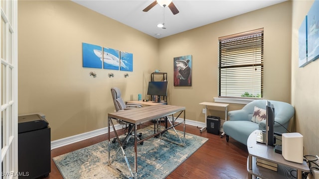 office space featuring dark hardwood / wood-style floors and ceiling fan