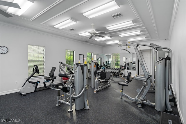 workout area featuring ceiling fan and crown molding