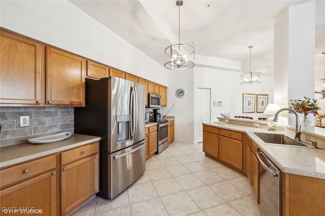 kitchen with sink, an inviting chandelier, tasteful backsplash, appliances with stainless steel finishes, and pendant lighting