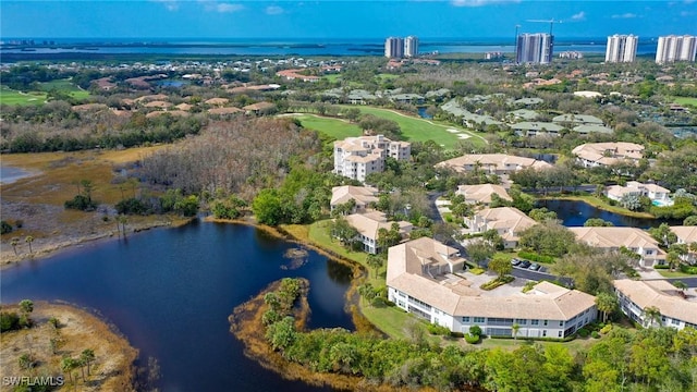 drone / aerial view with a water view