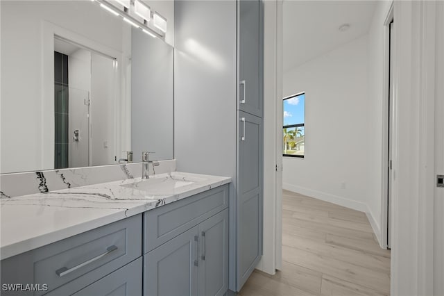 bathroom with vanity, wood-type flooring, and walk in shower