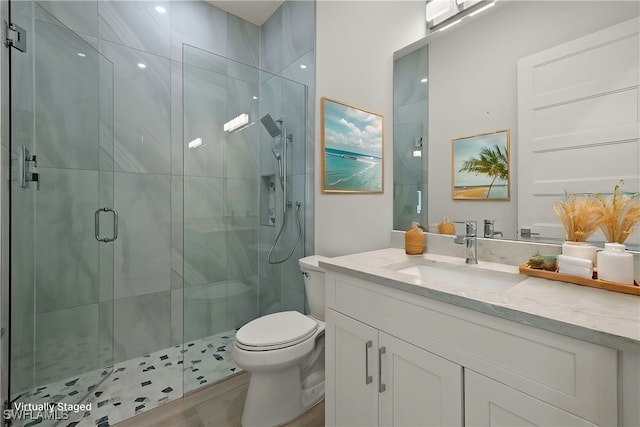 bathroom with vanity, toilet, and an enclosed shower