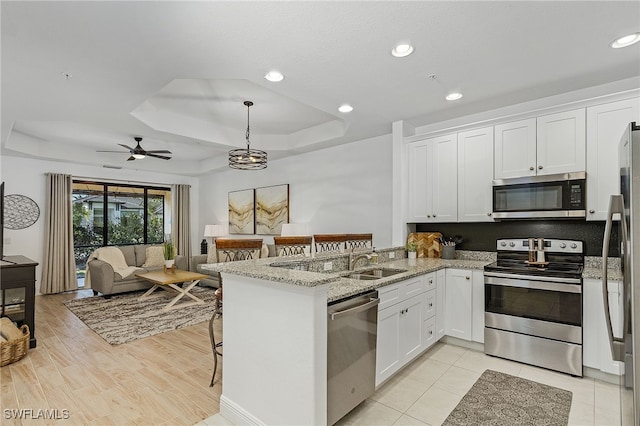 kitchen featuring kitchen peninsula, appliances with stainless steel finishes, a tray ceiling, and white cabinetry