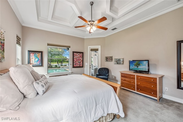 bedroom with ceiling fan, light colored carpet, ornamental molding, and coffered ceiling