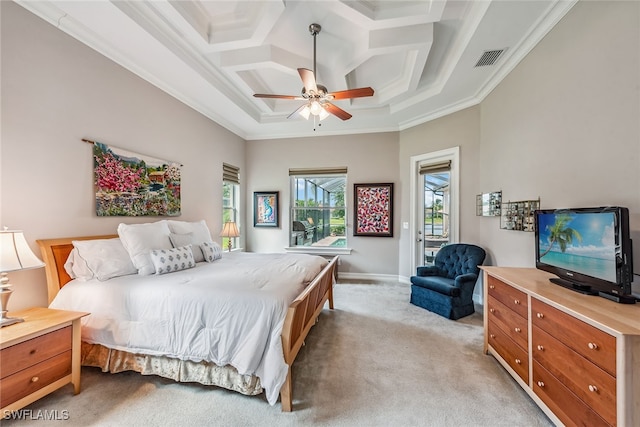 carpeted bedroom featuring access to outside, coffered ceiling, crown molding, and ceiling fan