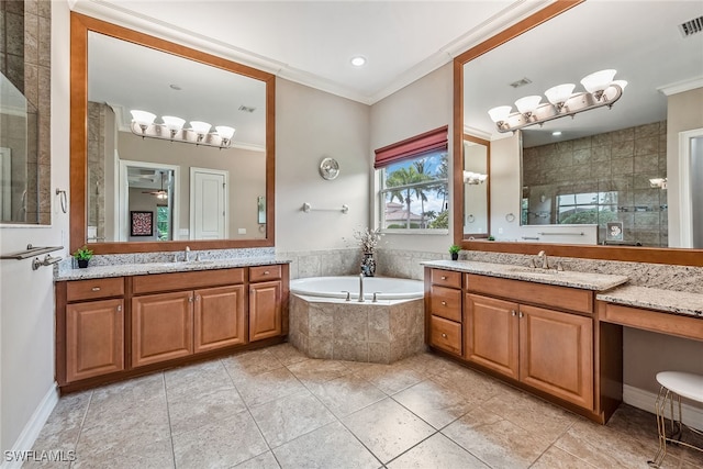 bathroom with ornamental molding, tile patterned flooring, vanity, and separate shower and tub