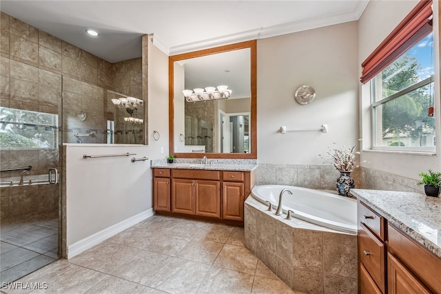 bathroom featuring crown molding, shower with separate bathtub, vanity, and tile patterned floors