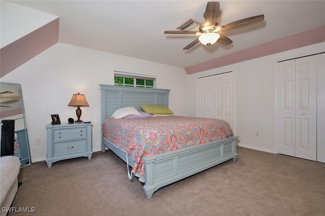 bedroom featuring ceiling fan and light colored carpet