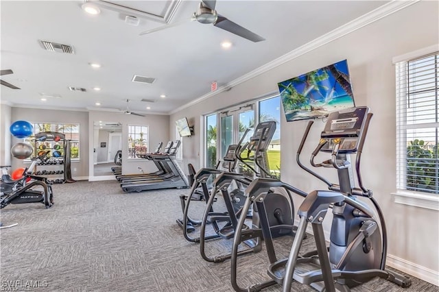 workout area with ornamental molding and carpet