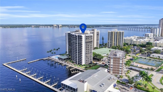 birds eye view of property featuring a water view