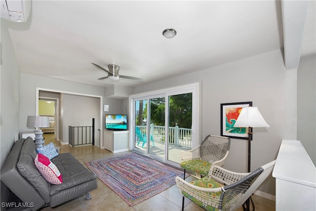 tiled living room with ceiling fan