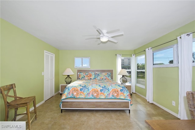 bedroom with ceiling fan and a closet