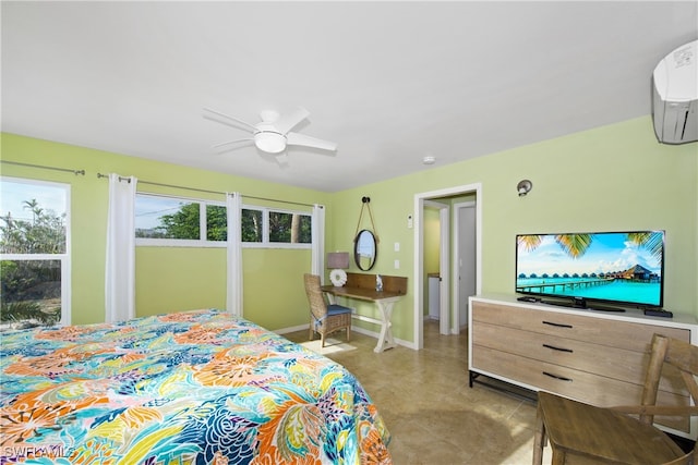 bedroom with ceiling fan and a wall mounted AC