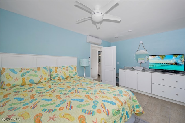 tiled bedroom with an AC wall unit and ceiling fan