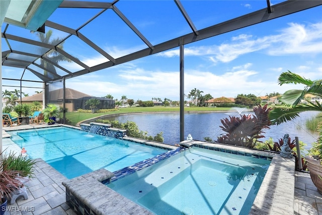 view of swimming pool featuring a water view, a lanai, and a pool with connected hot tub