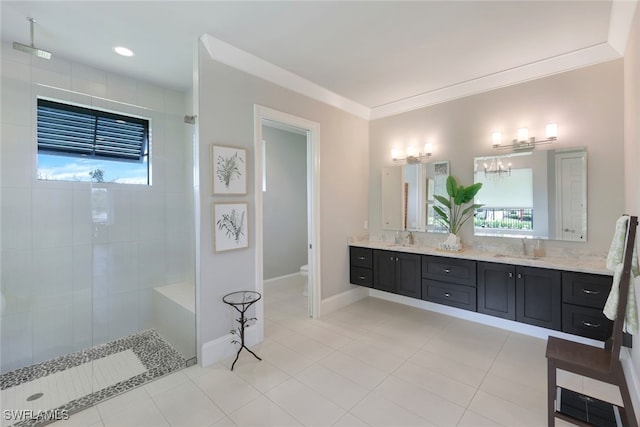 bathroom featuring a walk in shower, double vanity, ornamental molding, and a wealth of natural light