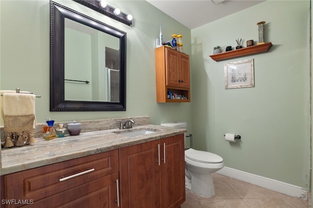 bathroom featuring walk in shower, tile patterned flooring, vanity, and toilet