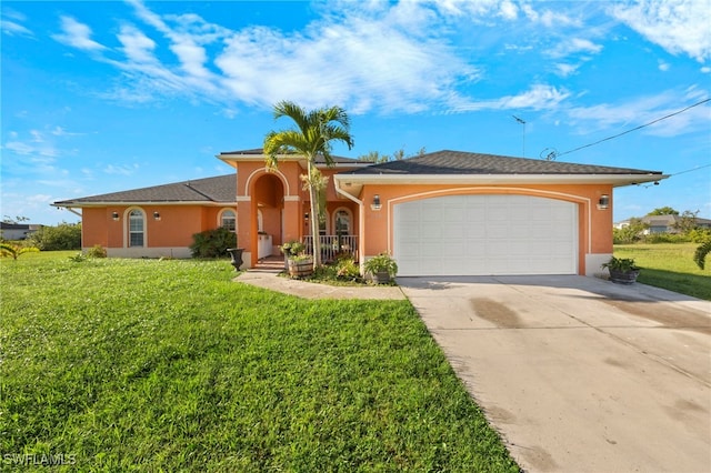 view of front of property with a front yard and a garage