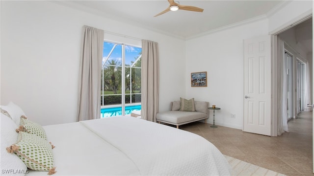 bedroom featuring access to exterior, light tile patterned floors, ceiling fan, and ornamental molding