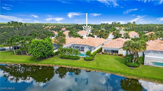 aerial view featuring a water view