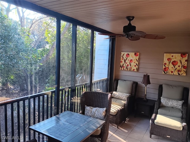 sunroom / solarium featuring wooden ceiling and ceiling fan