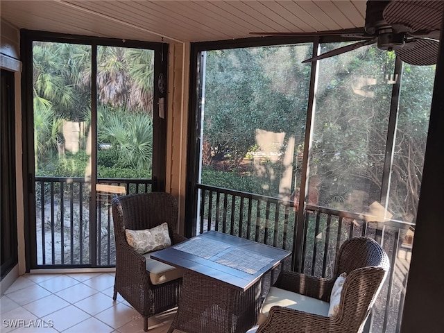 sunroom / solarium with ceiling fan and wood ceiling