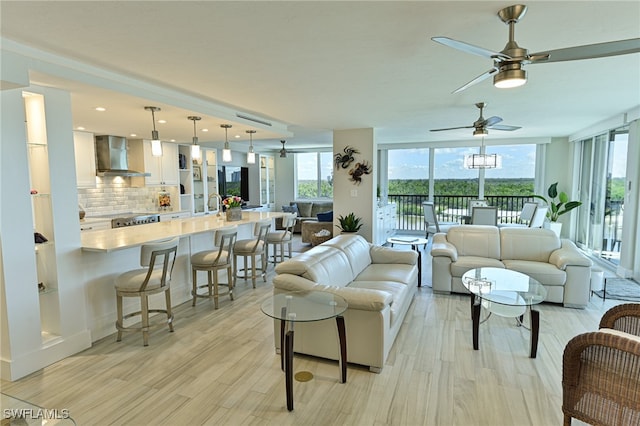 living room featuring light hardwood / wood-style floors and ceiling fan