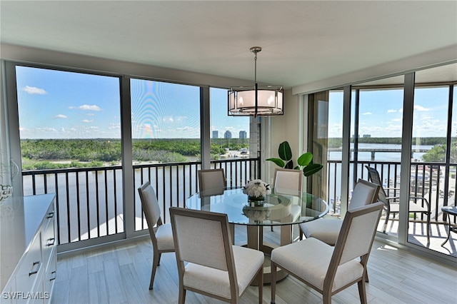 dining space with a notable chandelier, light wood-type flooring, and a water view