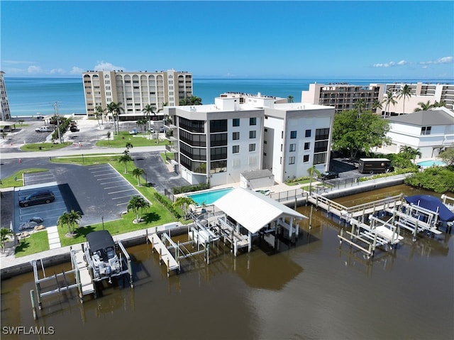 aerial view featuring a water view