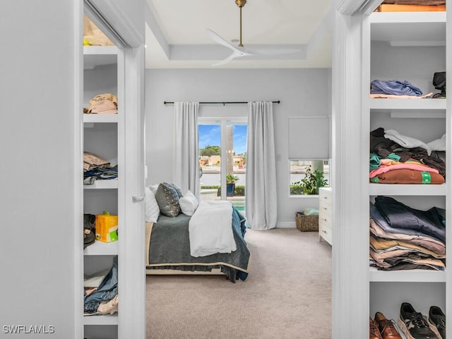 bedroom featuring carpet floors, a raised ceiling, and ceiling fan