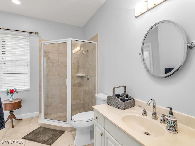 bathroom with tile patterned flooring, vanity, toilet, and a shower with shower door